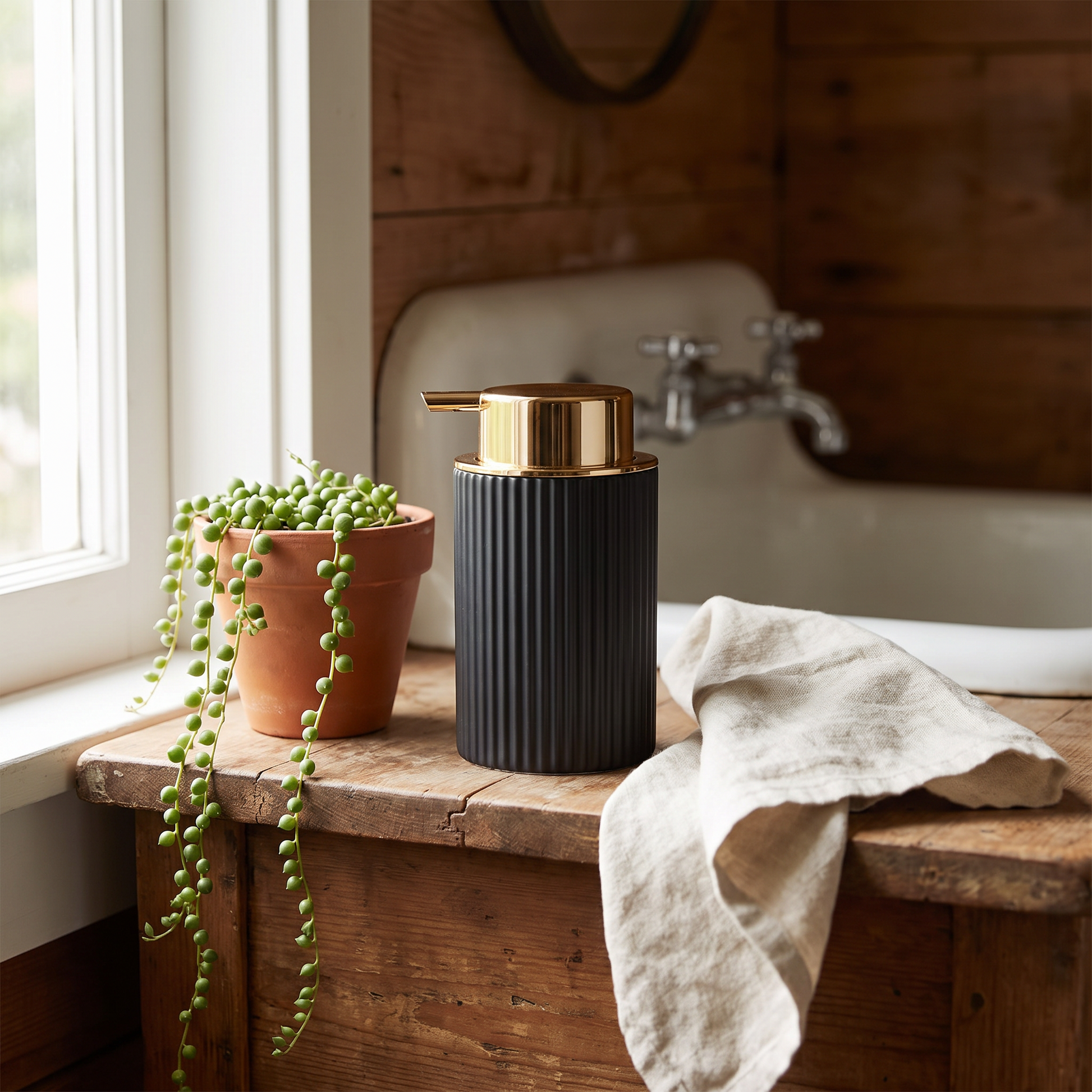 Soap dispenser on a farmhouse bathroom vanity