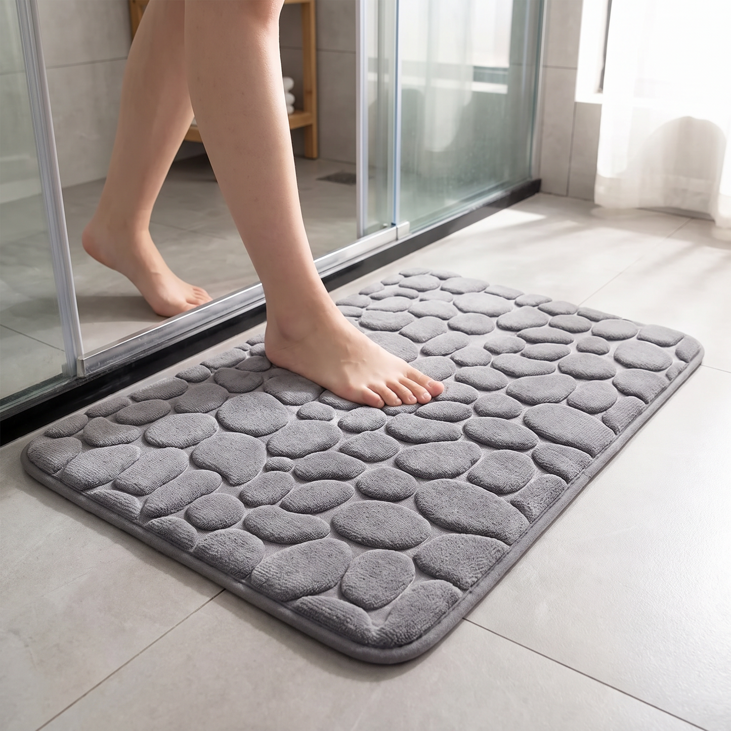 Bath mat in front of a shower with bare feet