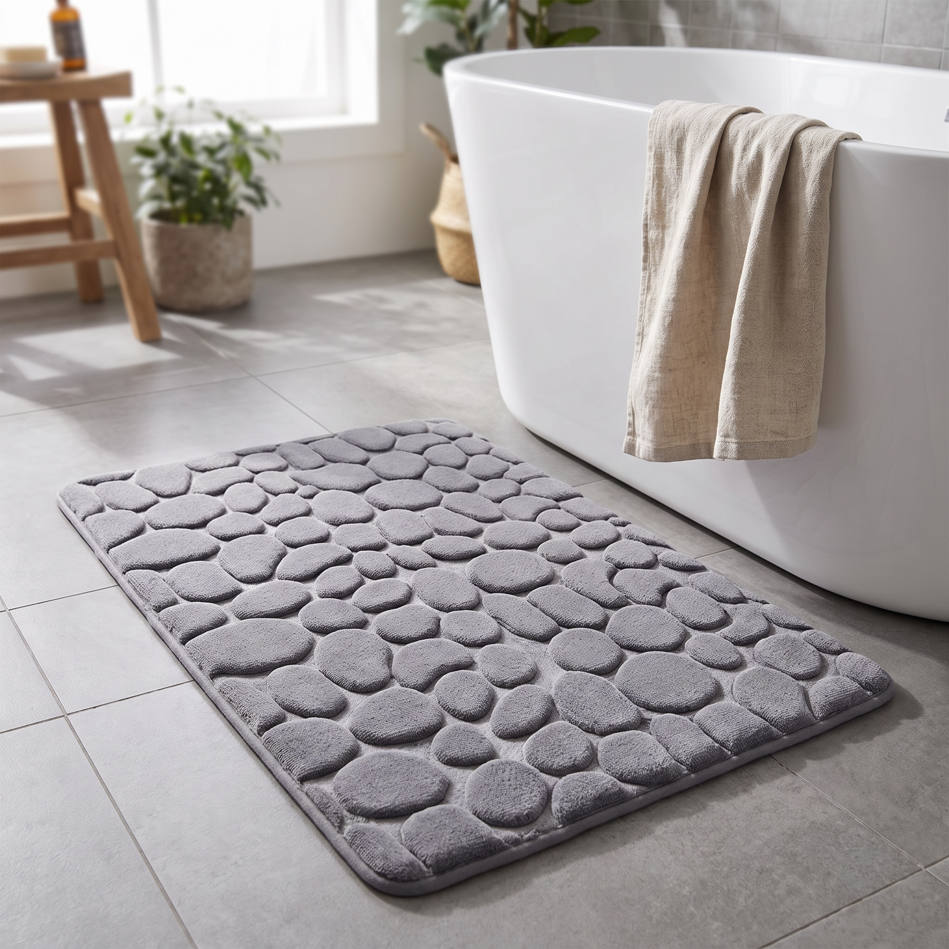 Bath mat beside a freestanding bathtub