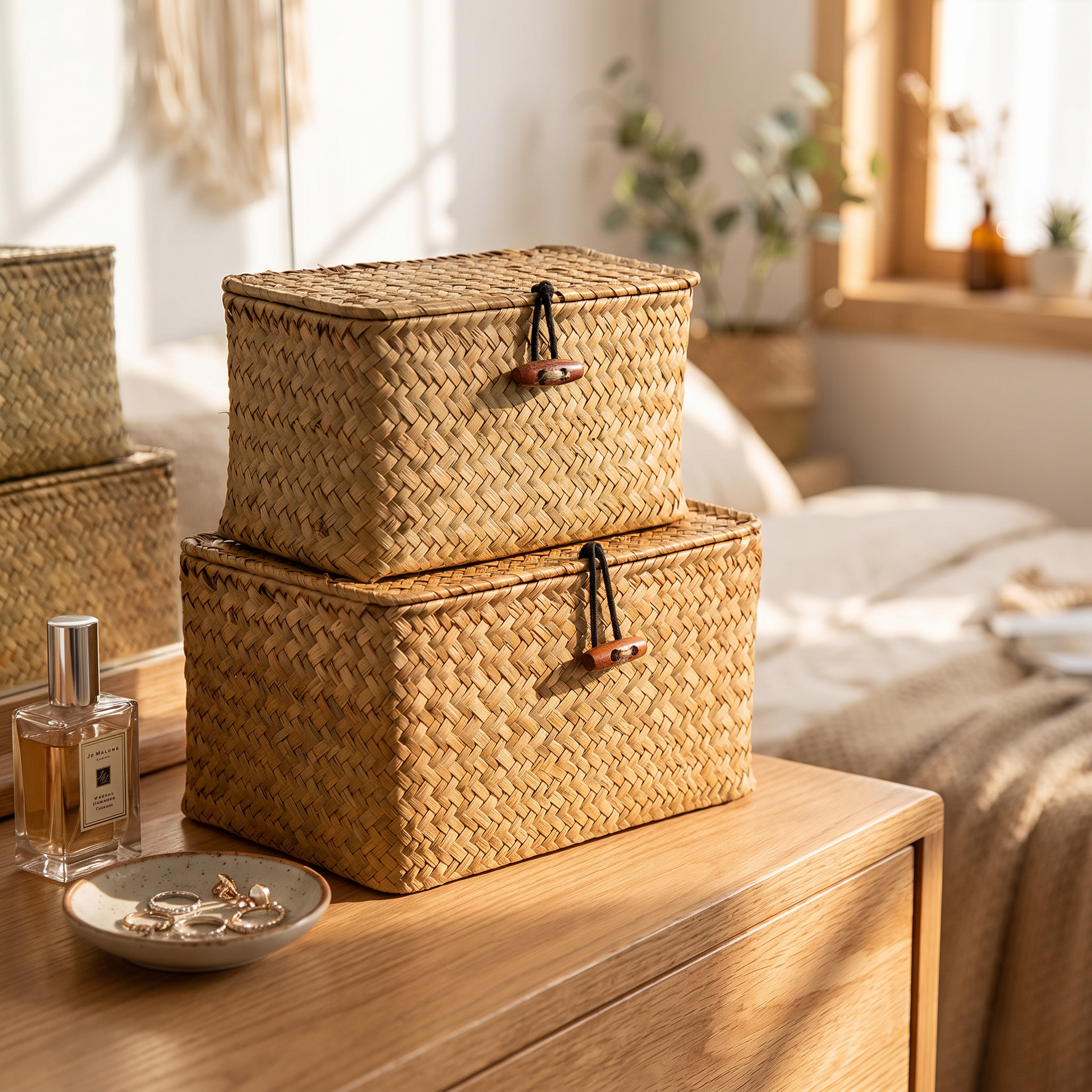 Lidded basket on a bedroom dresser