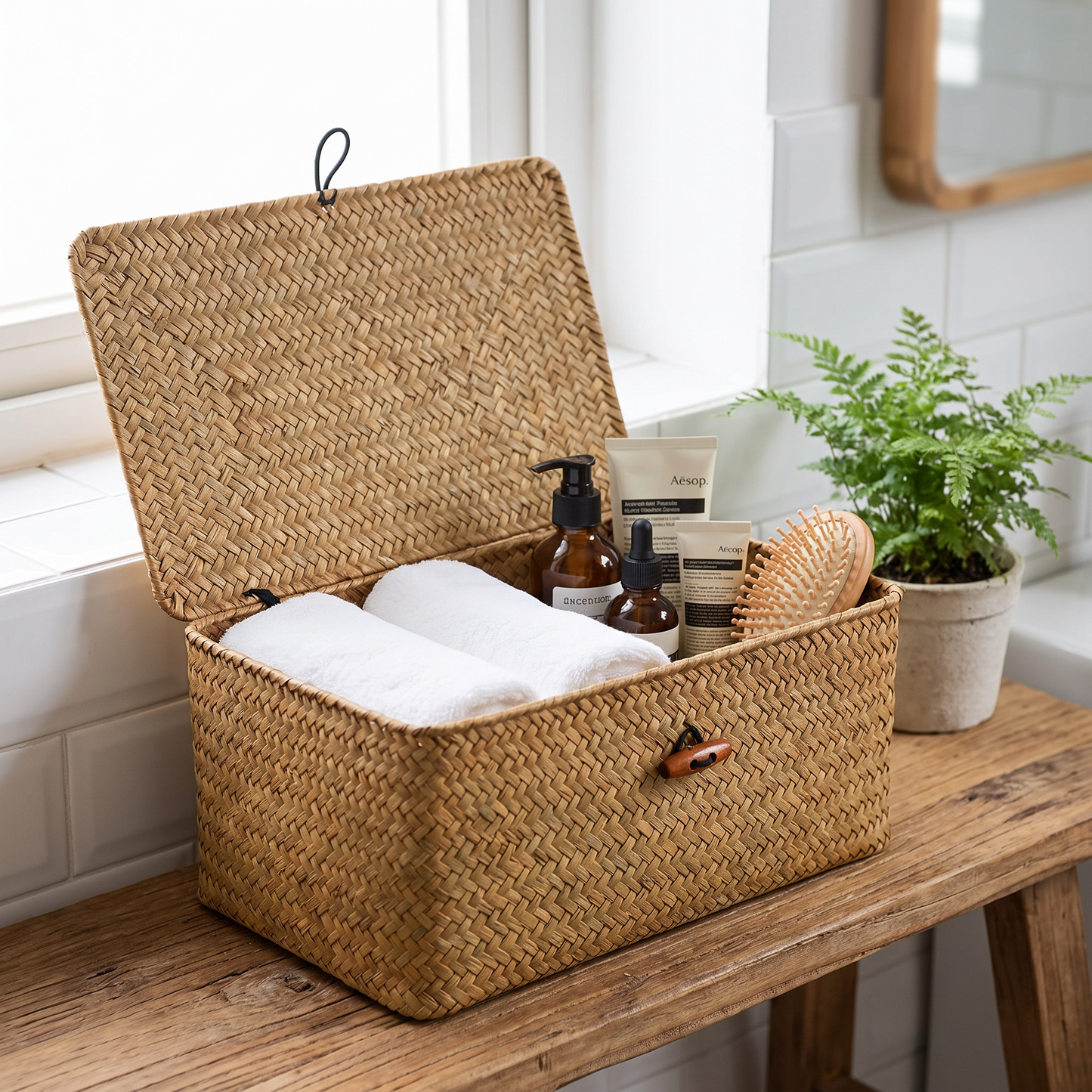 Woven storage basket open on a bathroom shelf