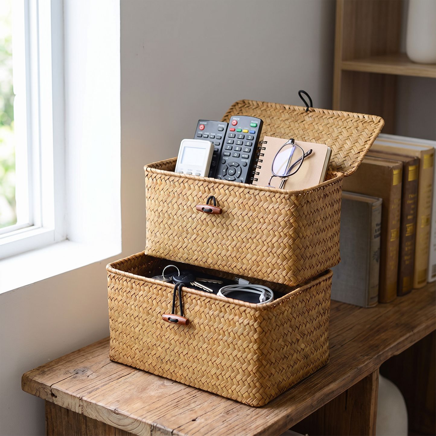 Basket organising items on a living room shelf