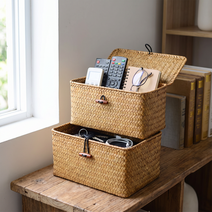 Basket organising items on a living room shelf