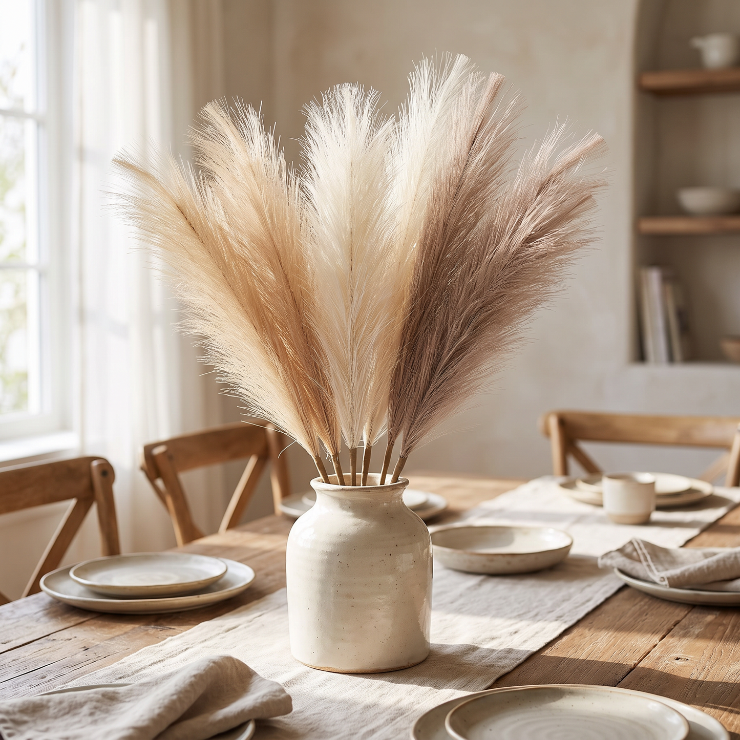 Pampas grass centrepiece on a dining table