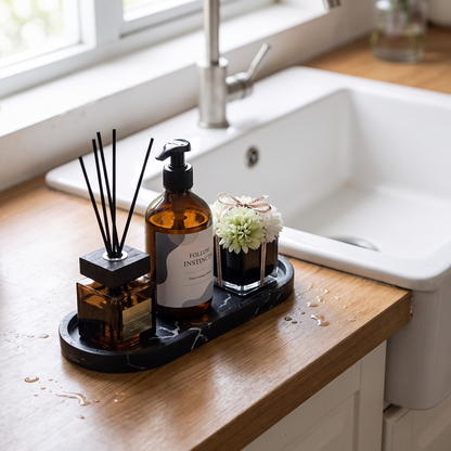 Silicone tray beside a farmhouse sink