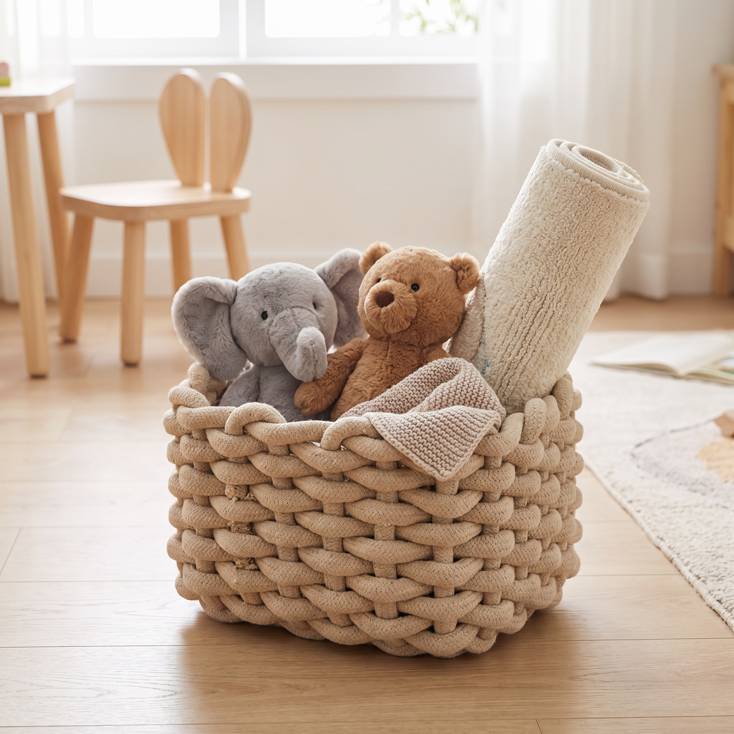 Rope basket holding toys in a nursery