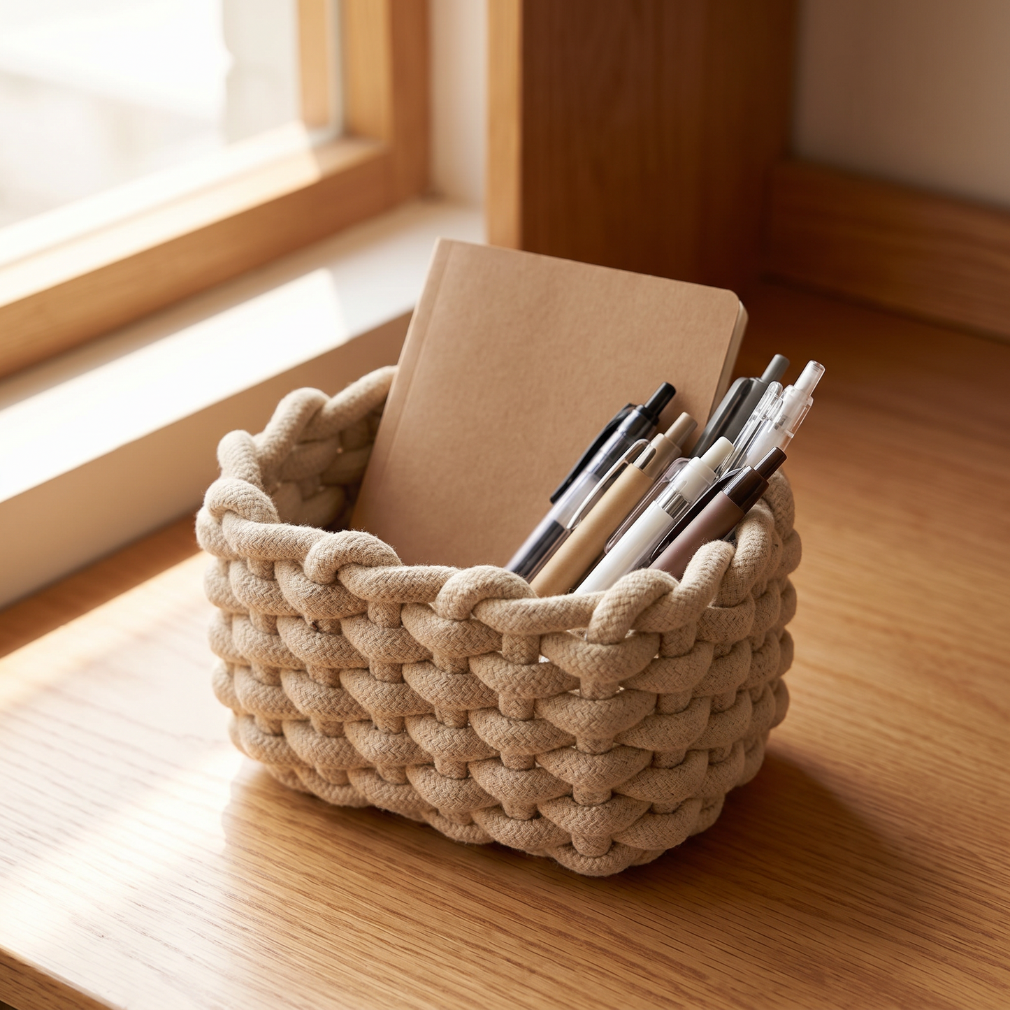 Cotton rope basket on a desk holding stationery