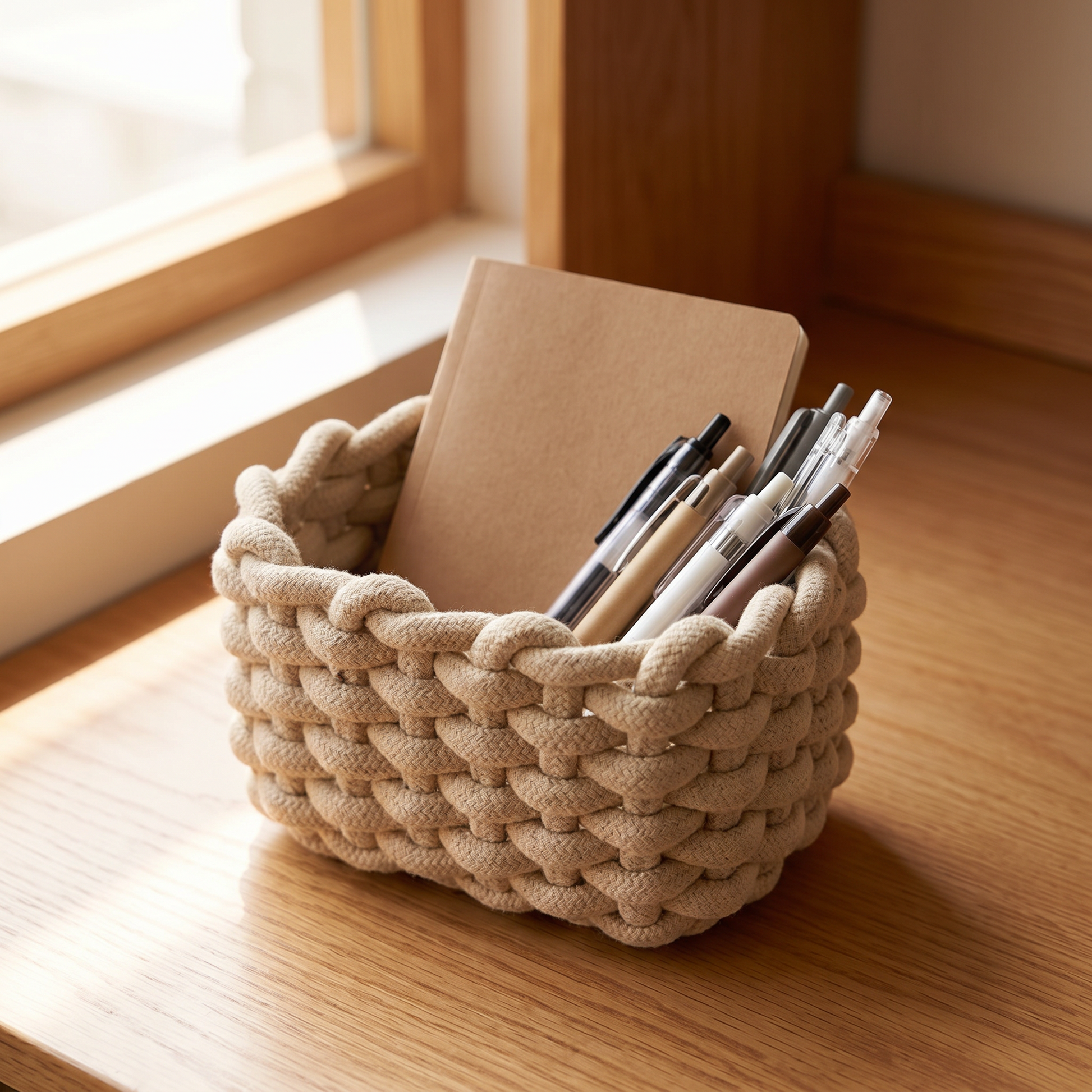 Cotton rope basket on a desk holding stationery