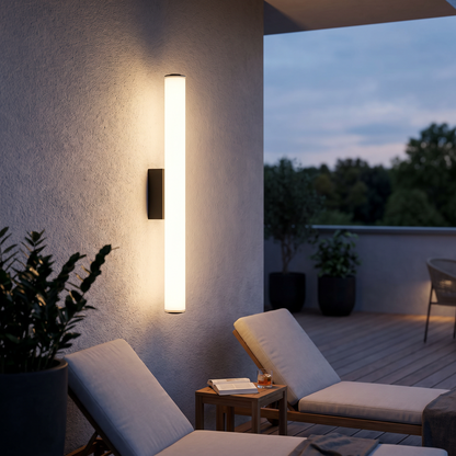 Wall light on a terrace wall in the evening