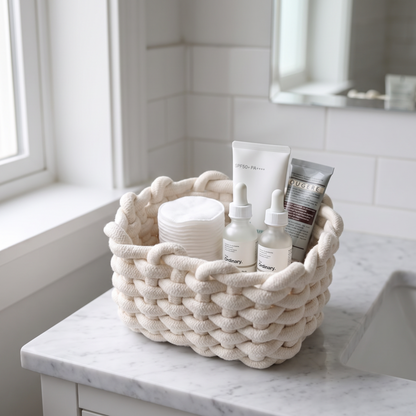 Rope basket on a bathroom counter