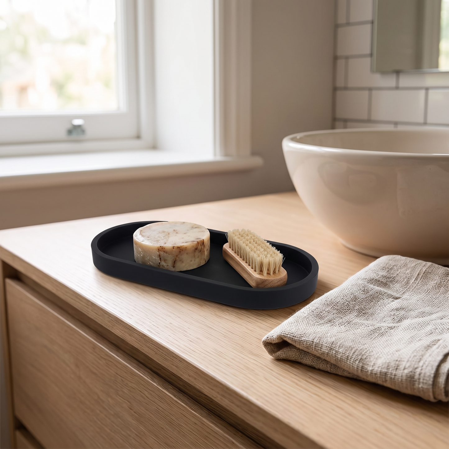 Silicone tray on a bathroom vanity