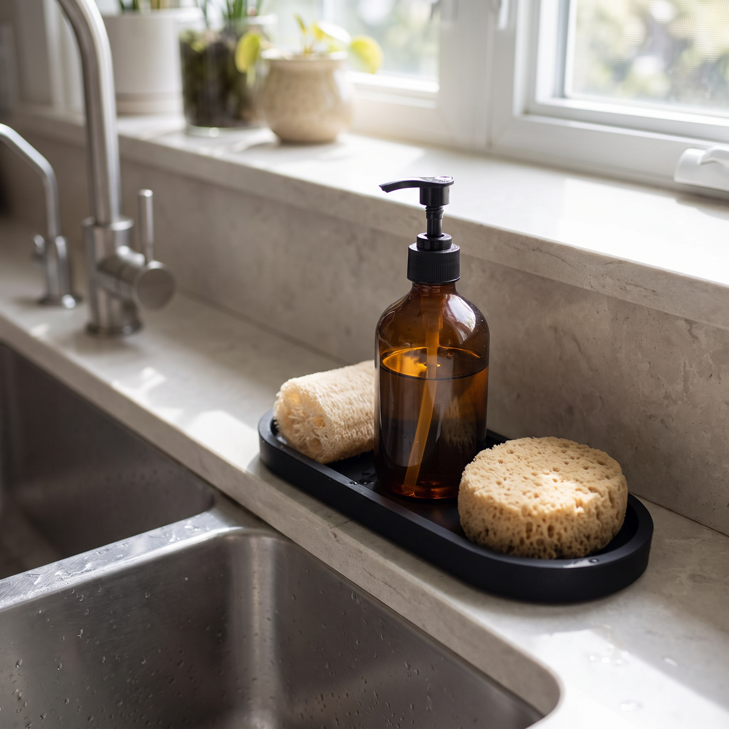 Silicone tray with soap and sponge by the sink