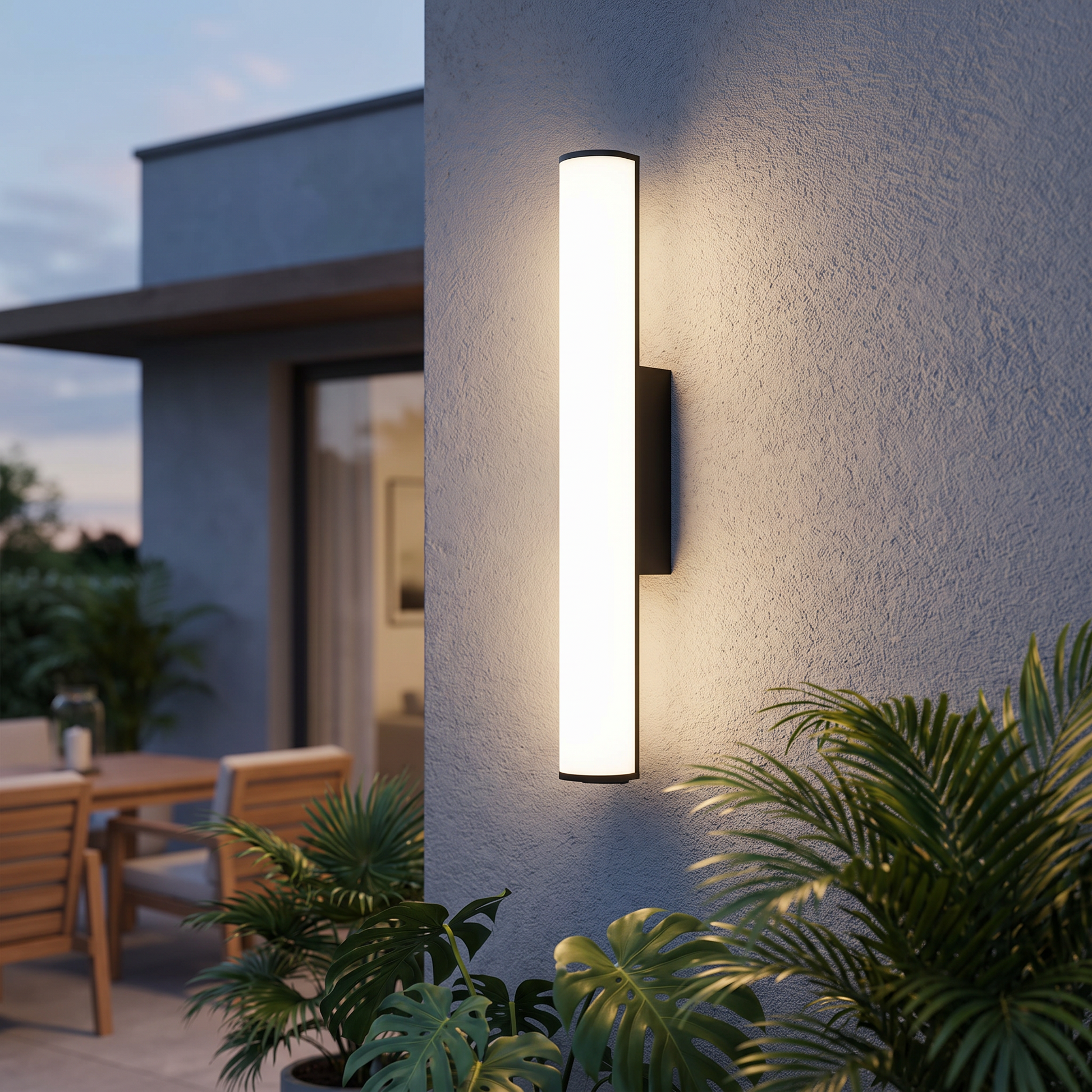 Outdoor wall light on a villa wall at dusk