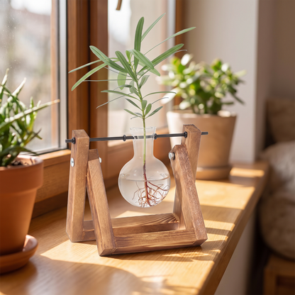 Wooden vase holder with a plant cutting on a windowsill