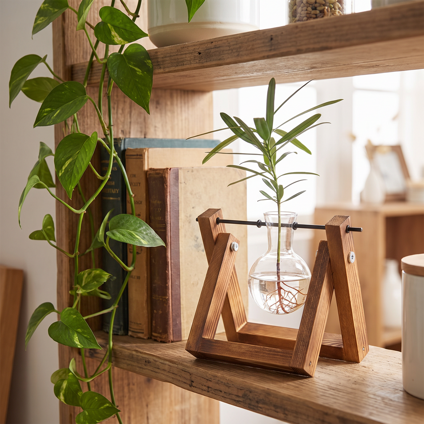 Vase holder on a living room shelf