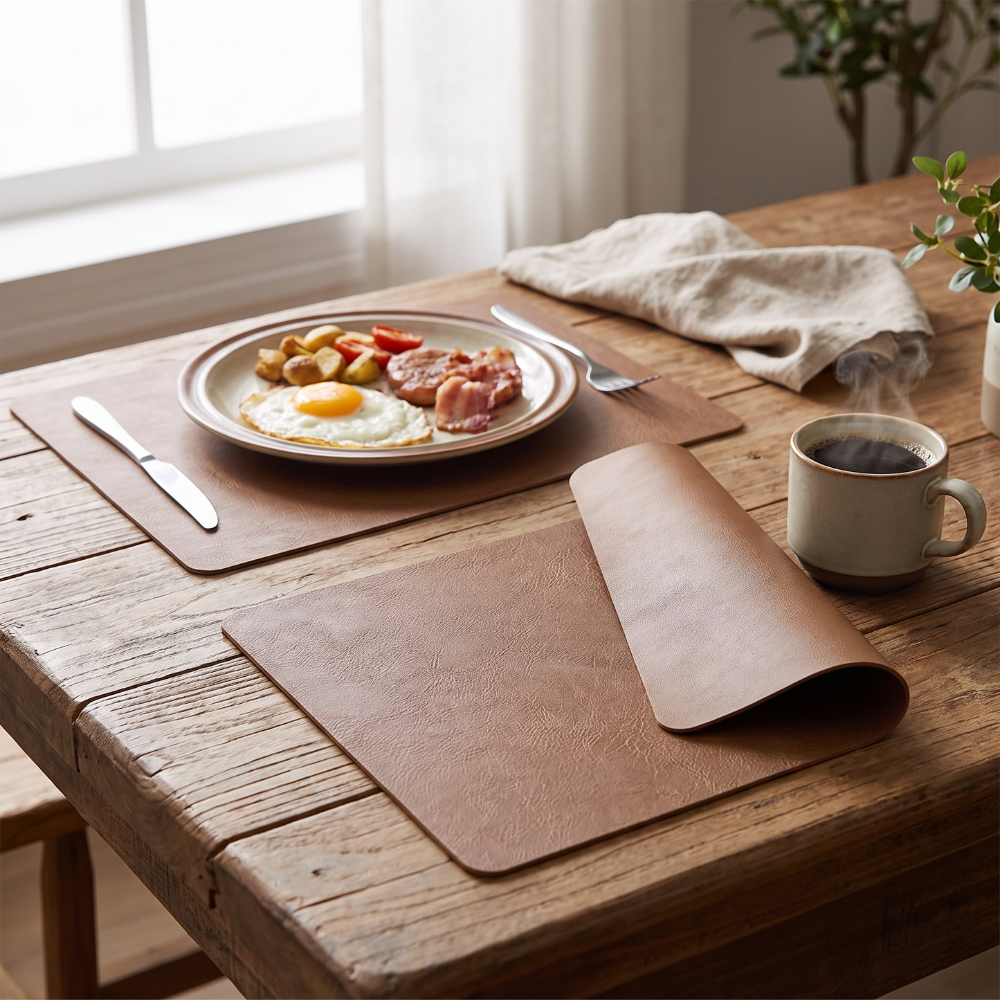 Placemats with coffee cups on a wooden table