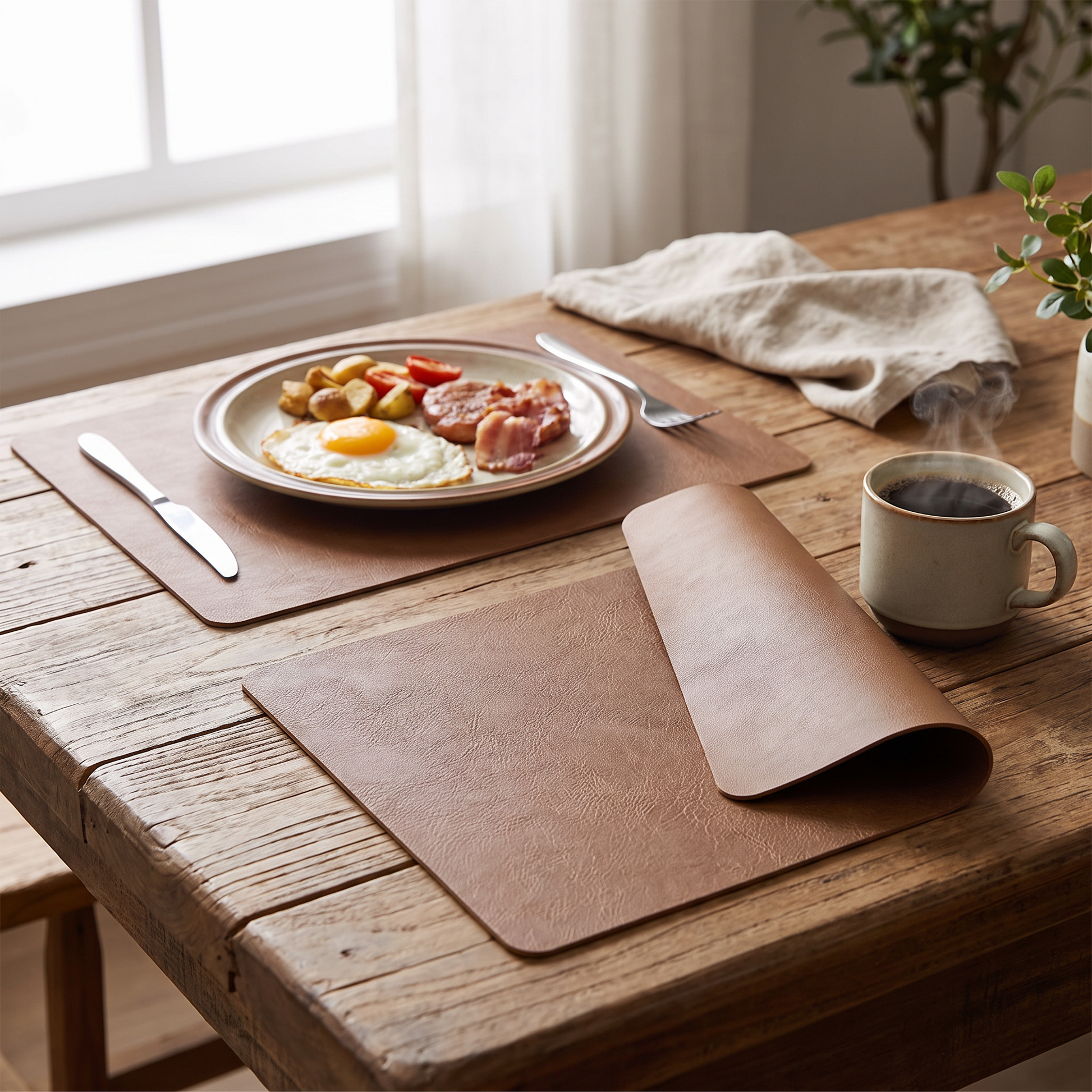 Placemats with coffee cups on a wooden table