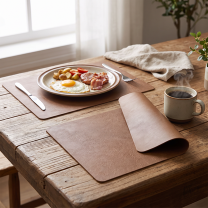 Placemats with coffee cups on a wooden table