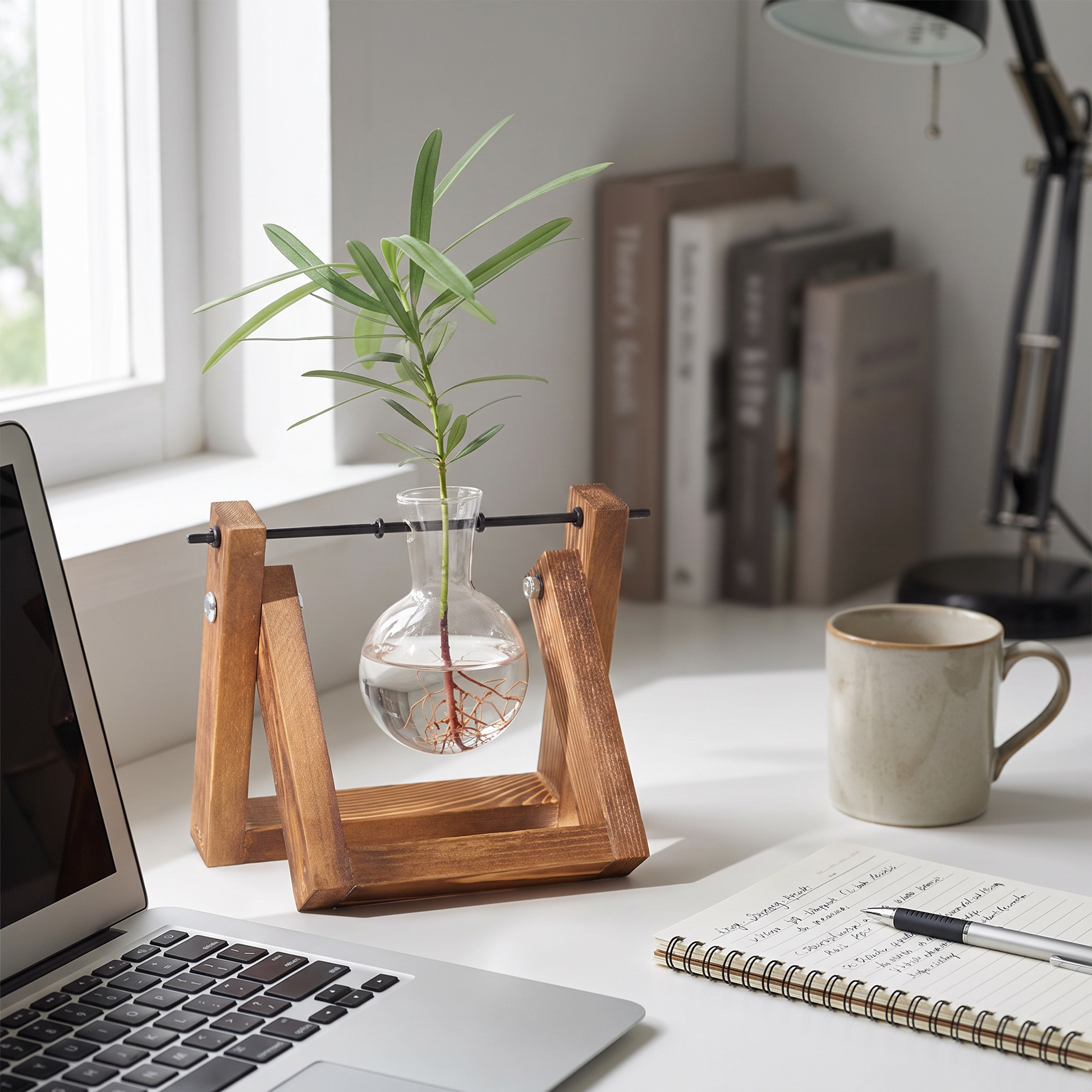Vase holder on a desk beside a laptop