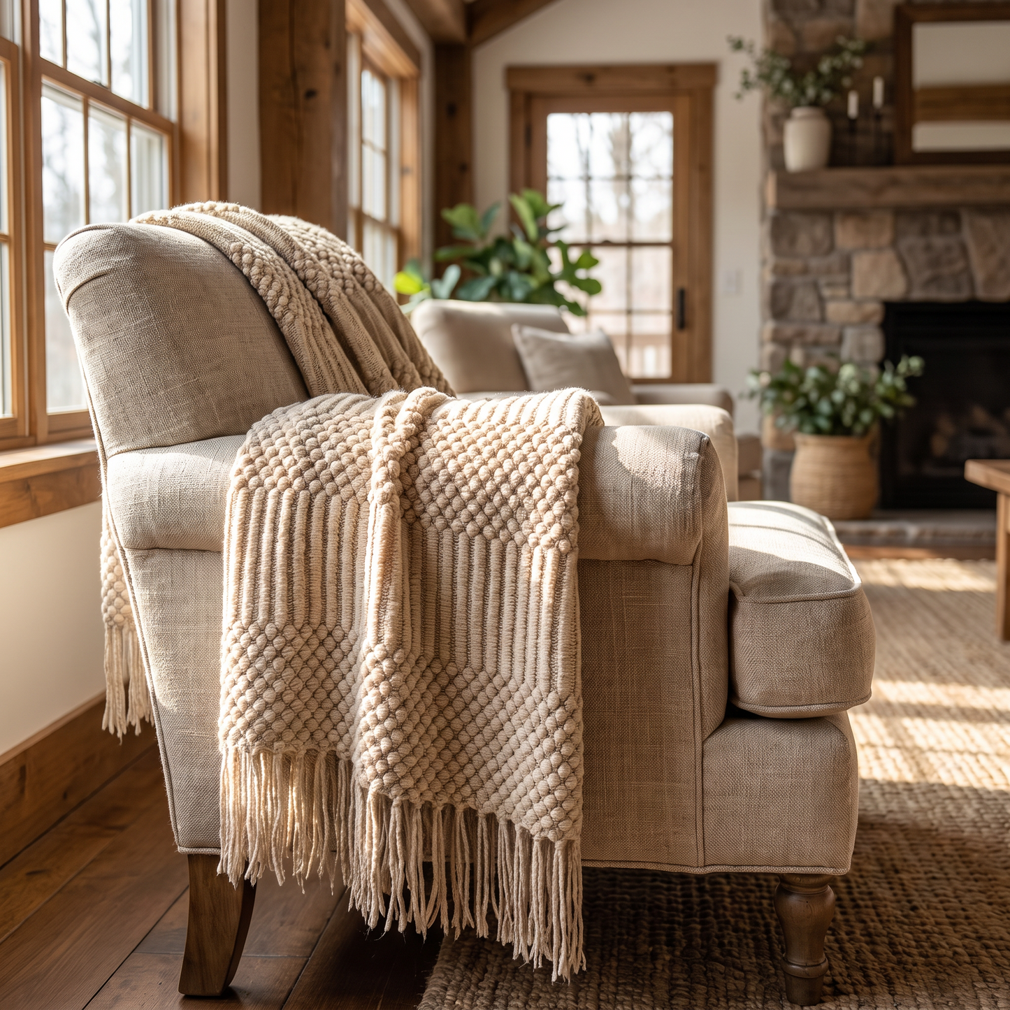 Knitted blanket draped over an armchair