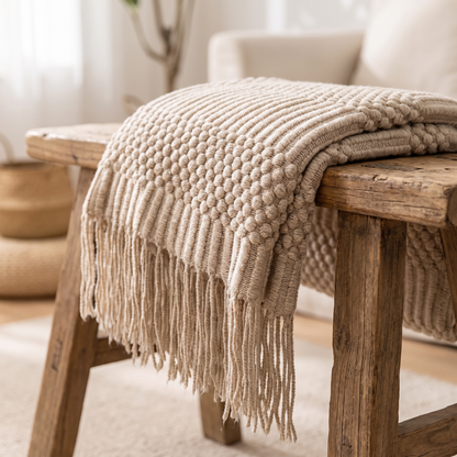 Close-up of the chunky knit and tassels