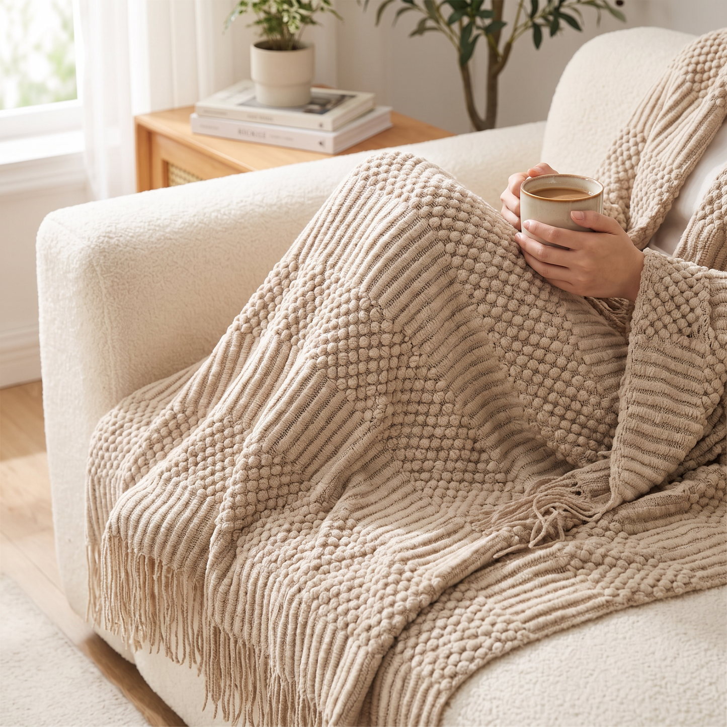 Person wrapped in the knitted blanket with coffee