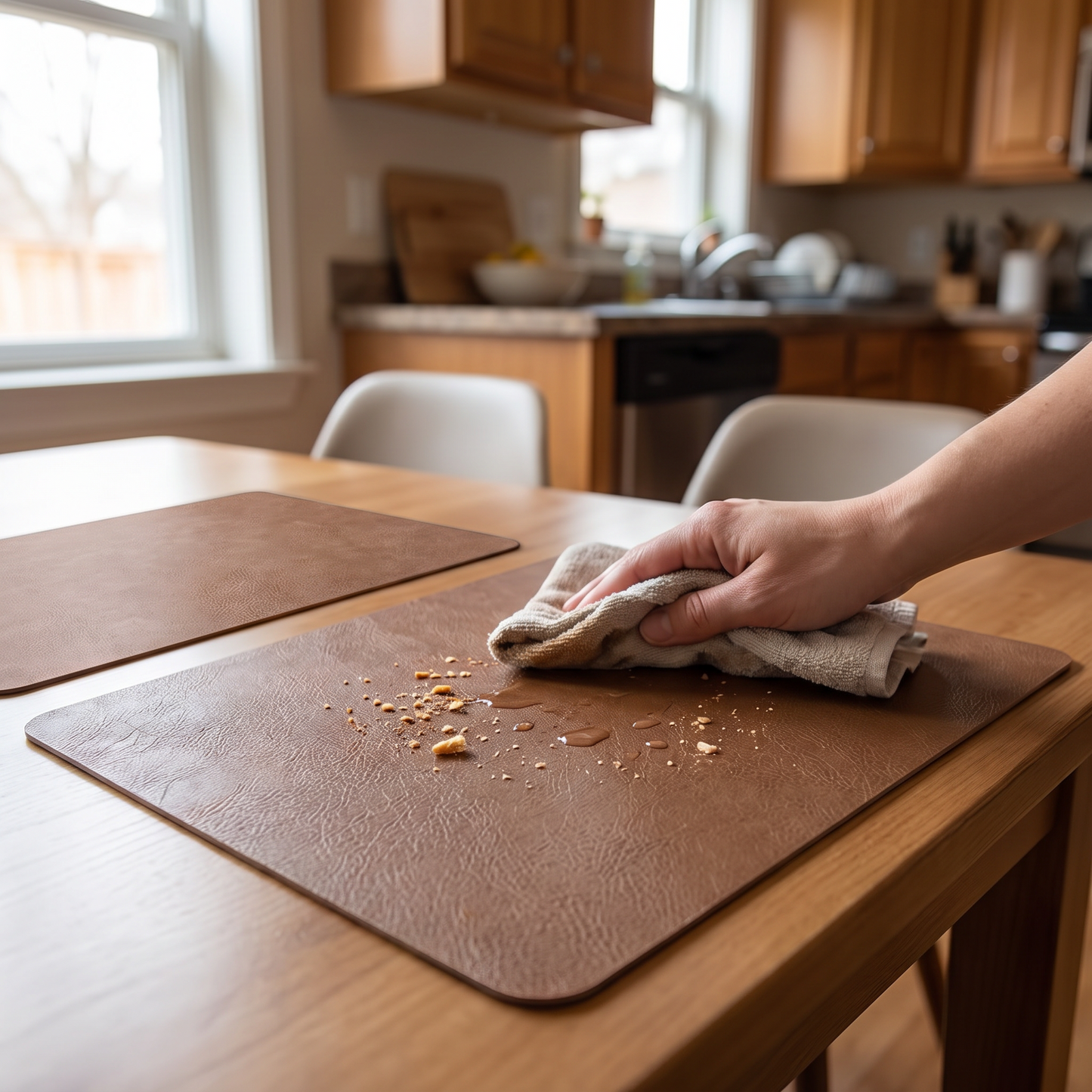 Hand wiping a placemat clean