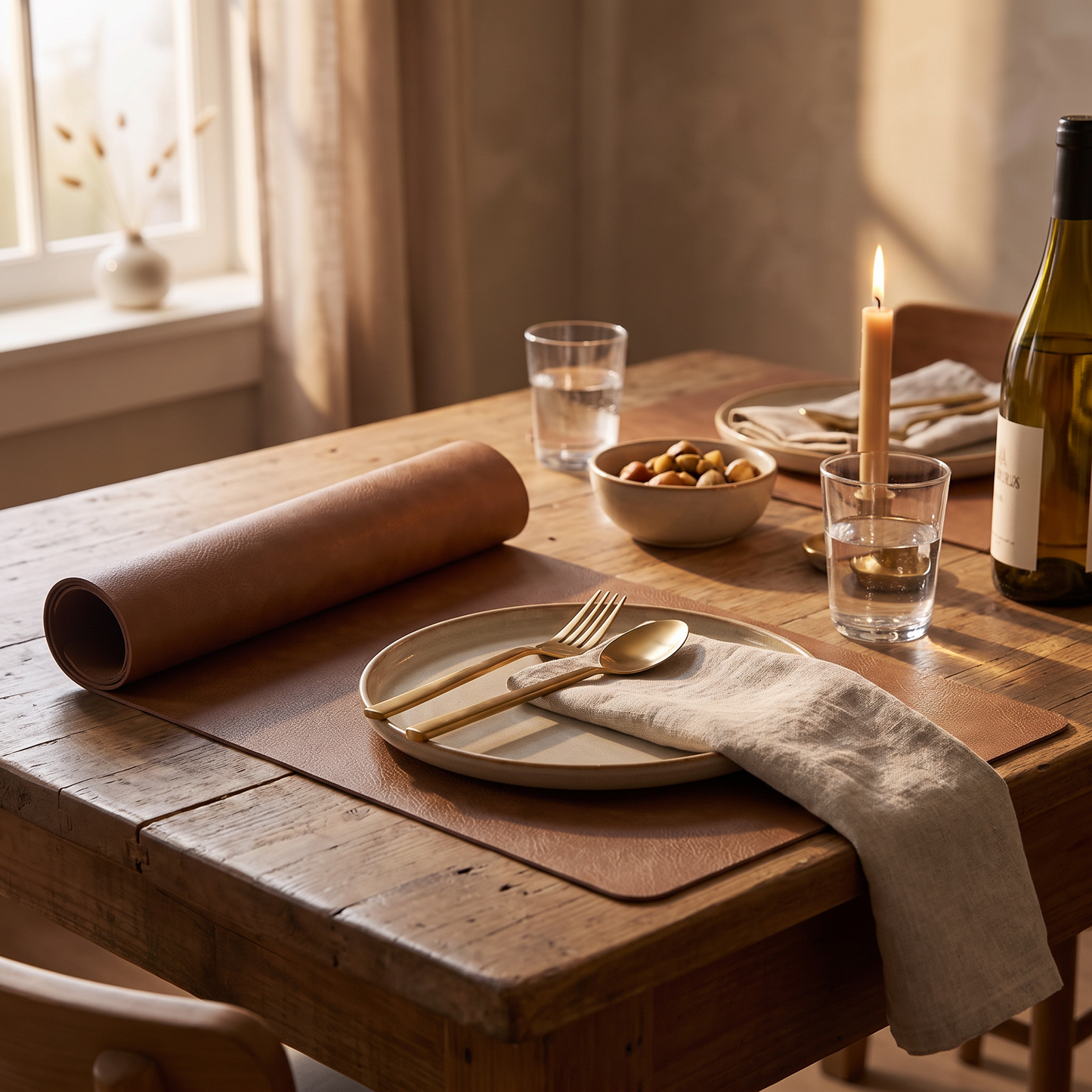 Faux leather placemats on a set dining table