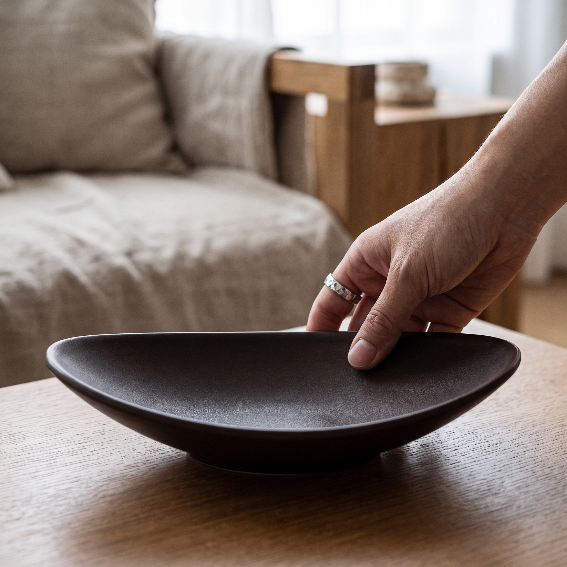 Close-up of a hand placing a ring in the tray