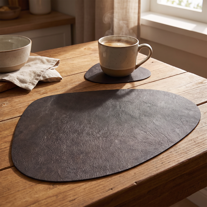 Leather mat and coaster with a coffee mug