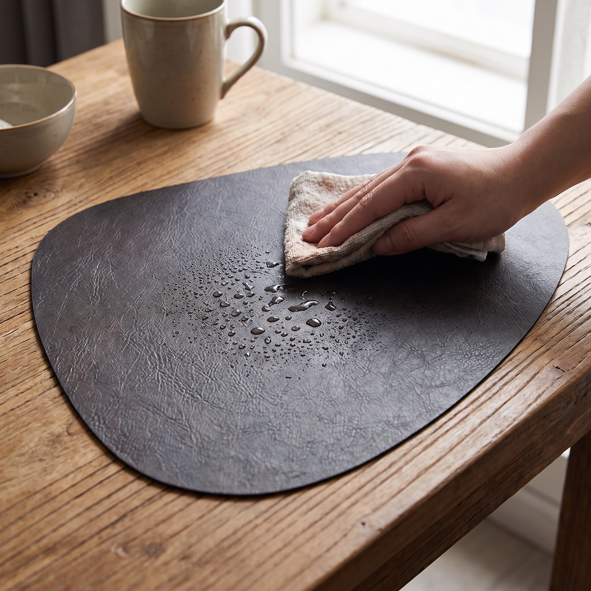 Hand wiping a table mat clean