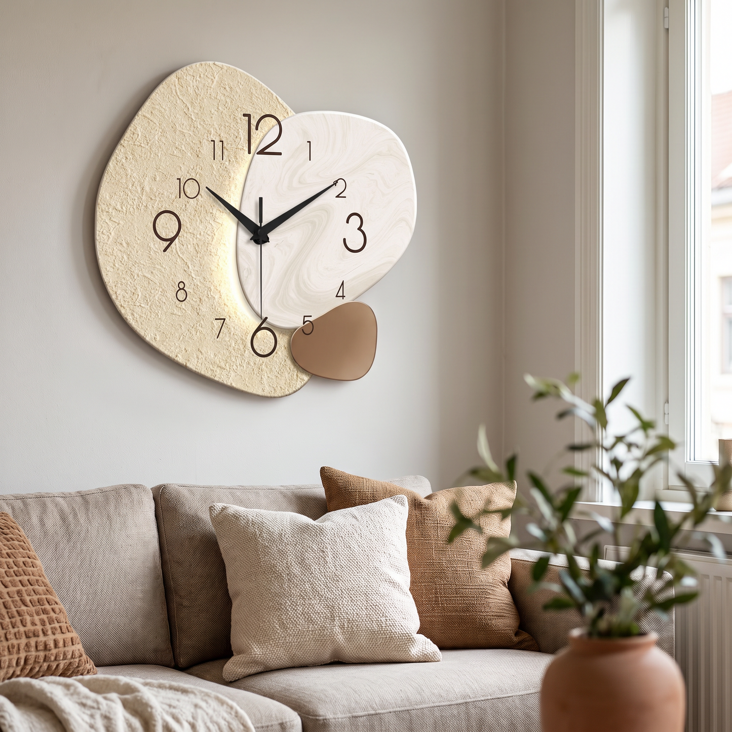 Wall clock above a living room sofa