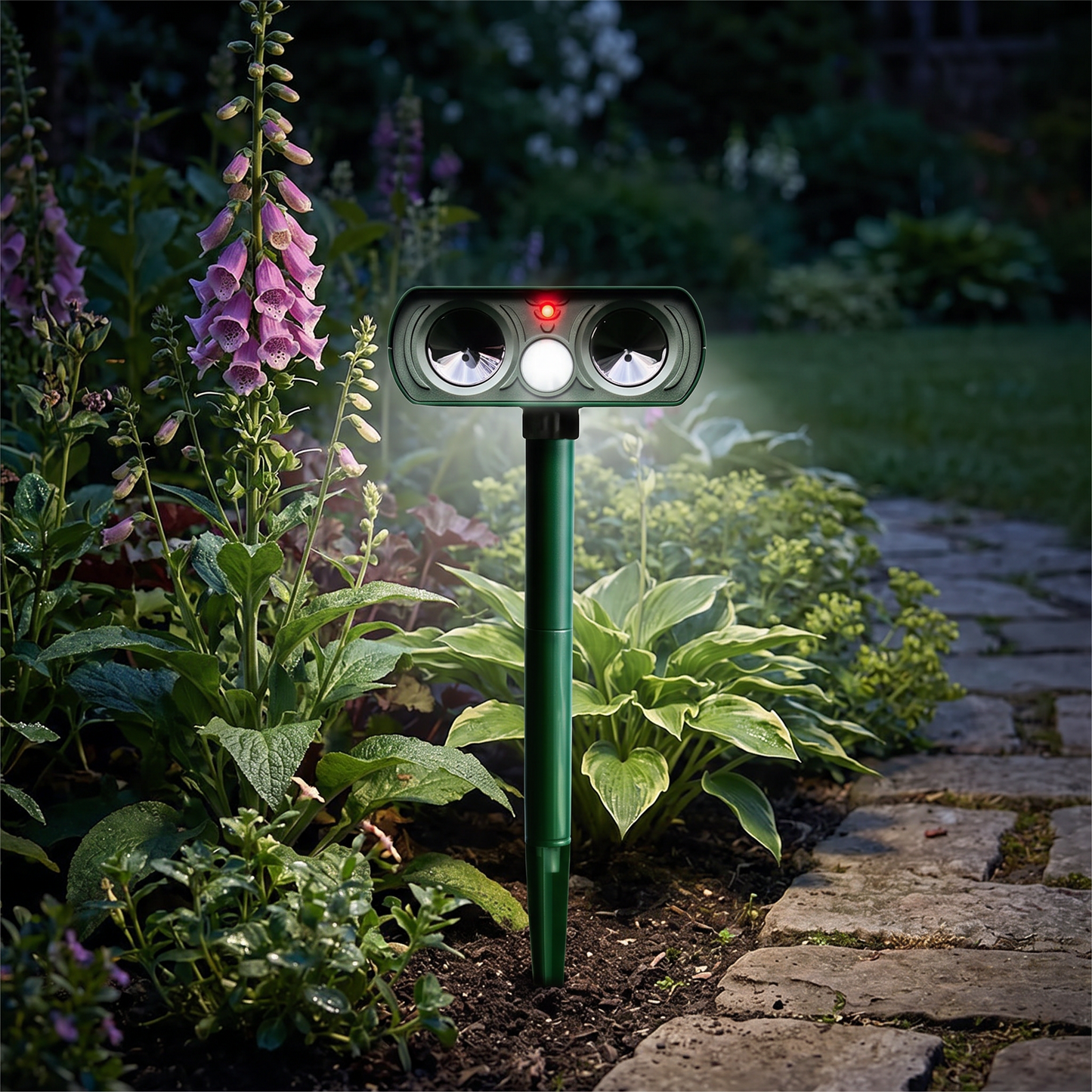 Repeller in a flower bed at night