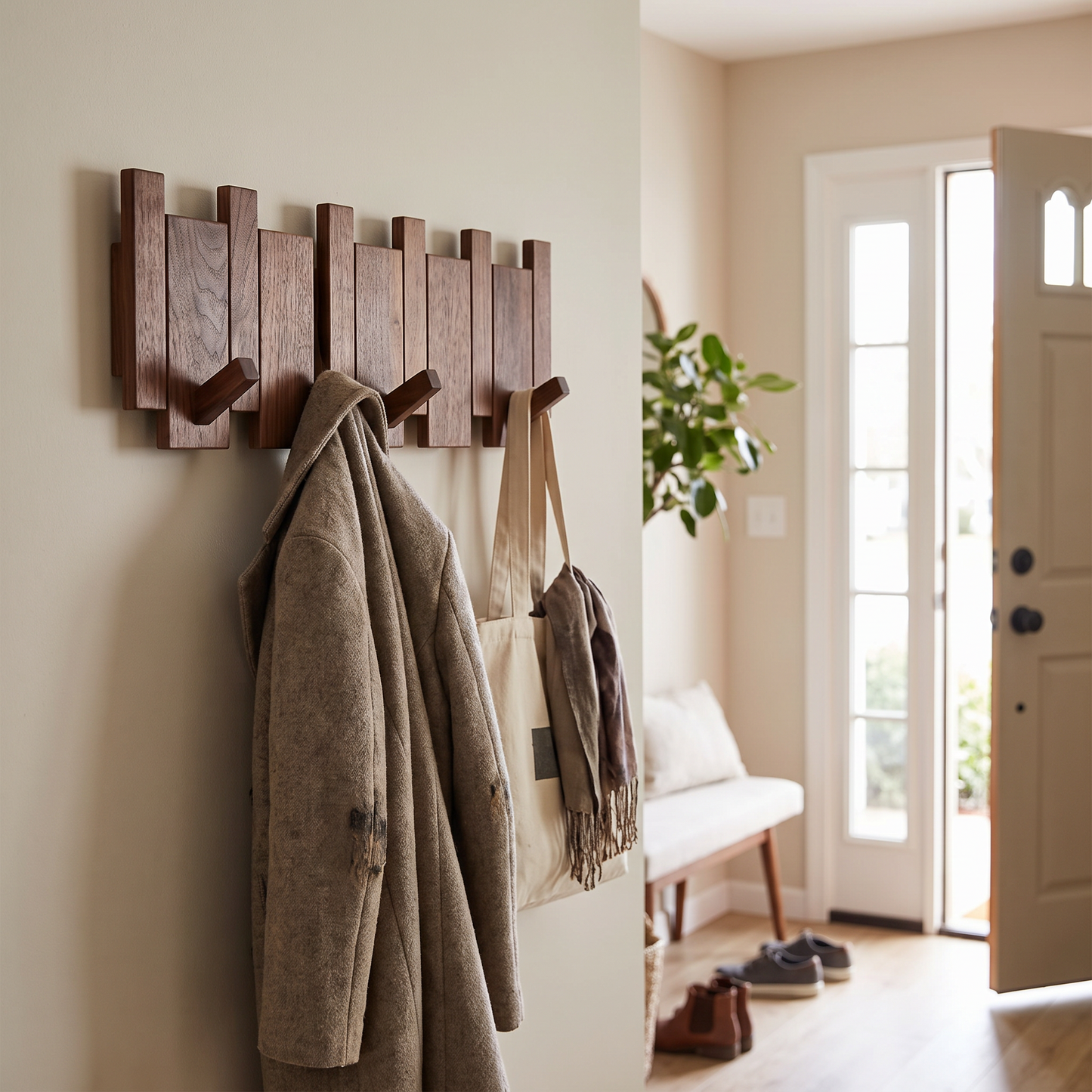 Wooden coat rack in an entryway with a coat