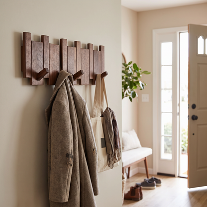 Wooden coat rack in an entryway with a coat