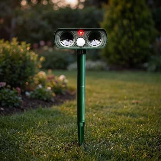 Solar animal repeller staked in a lawn at dusk