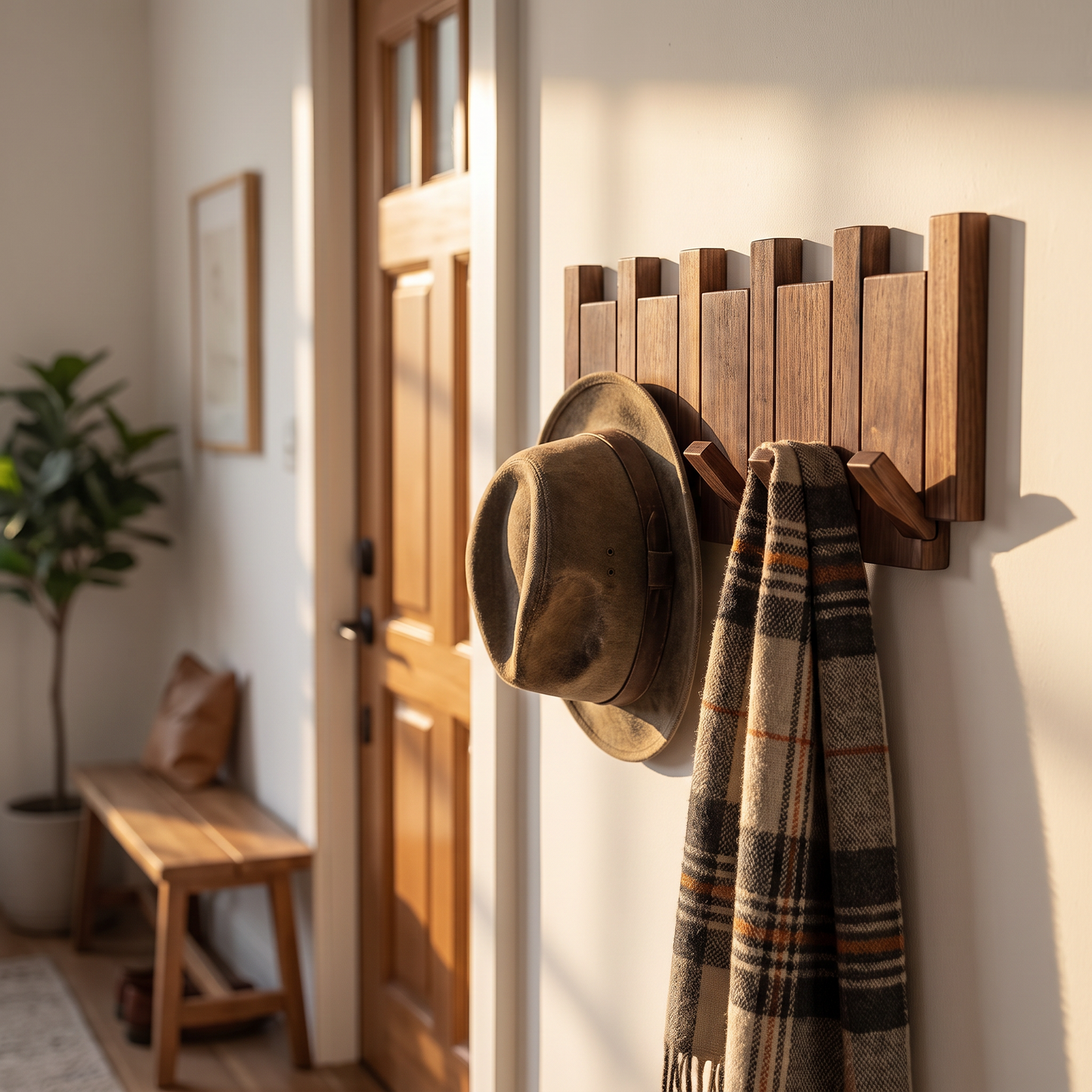 Coat rack by the front door with a hat and scarf