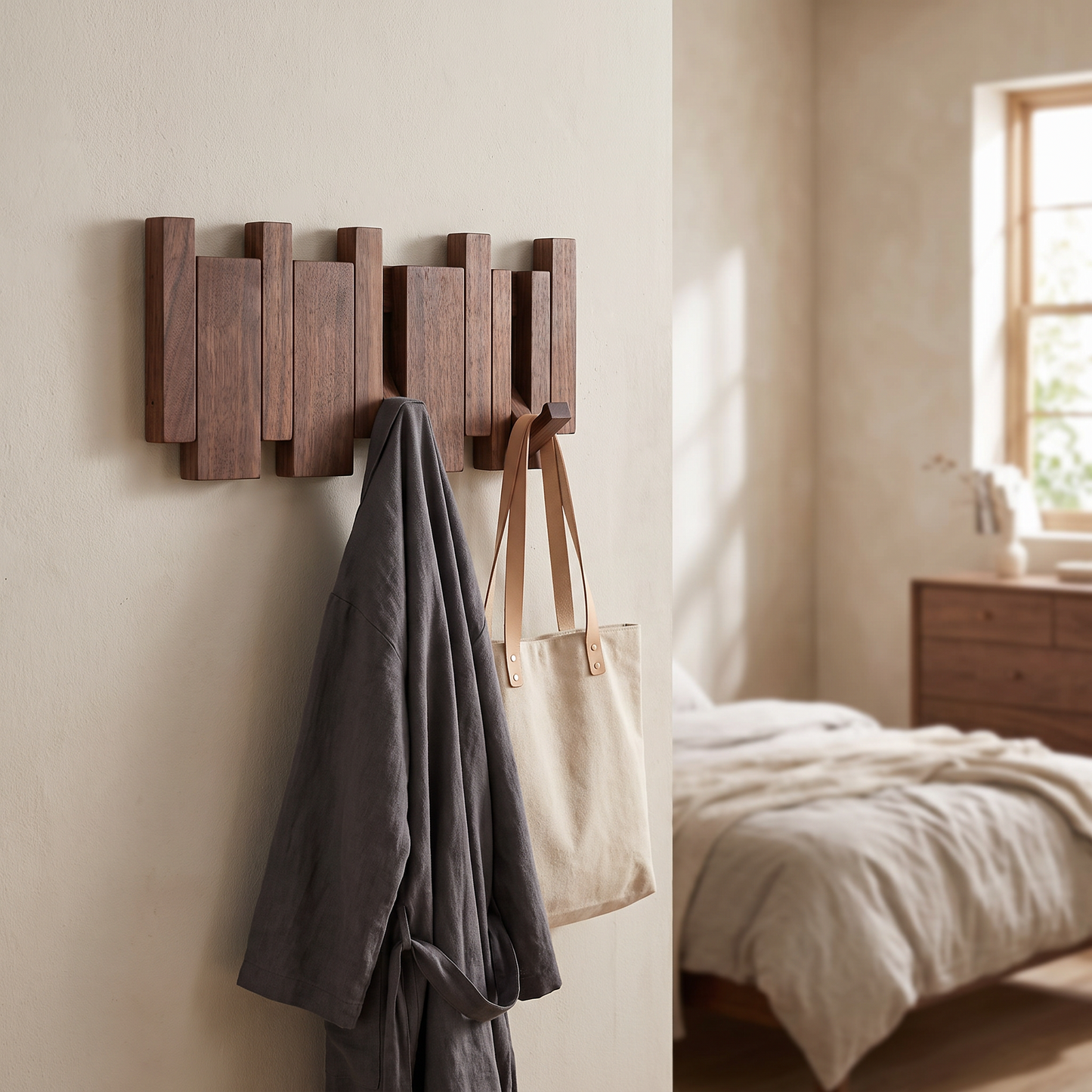 Coat rack in a bedroom holding a robe