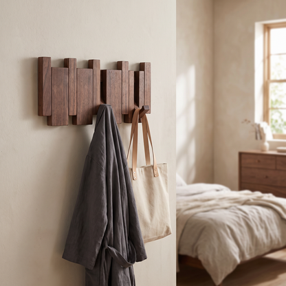 Coat rack in a bedroom holding a robe