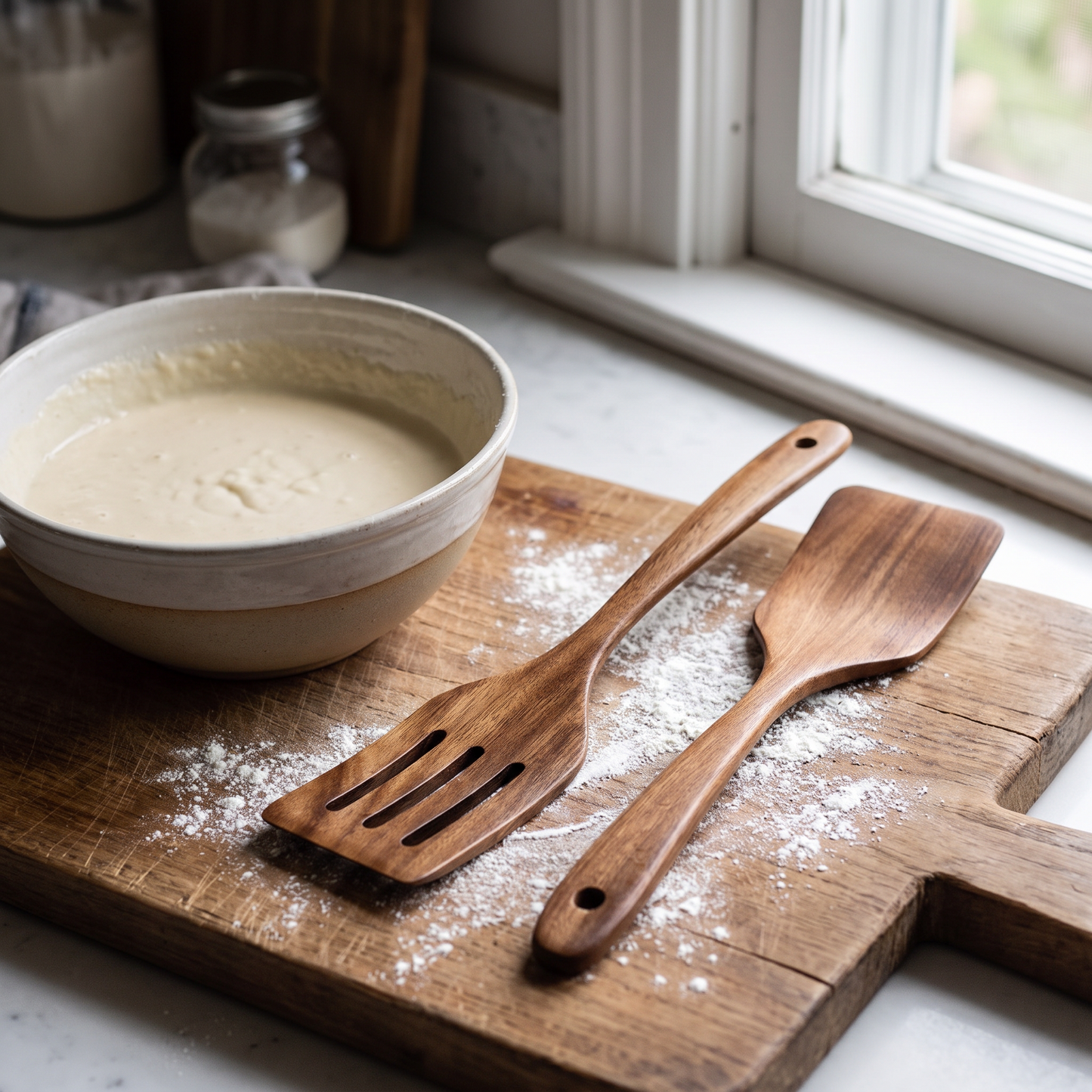 Spatulas beside a mixing bowl of batter