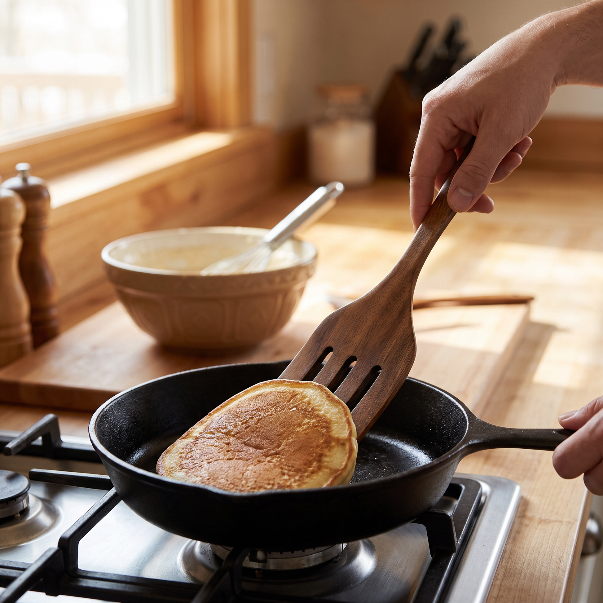Wooden spatula flipping a pancake in a pan