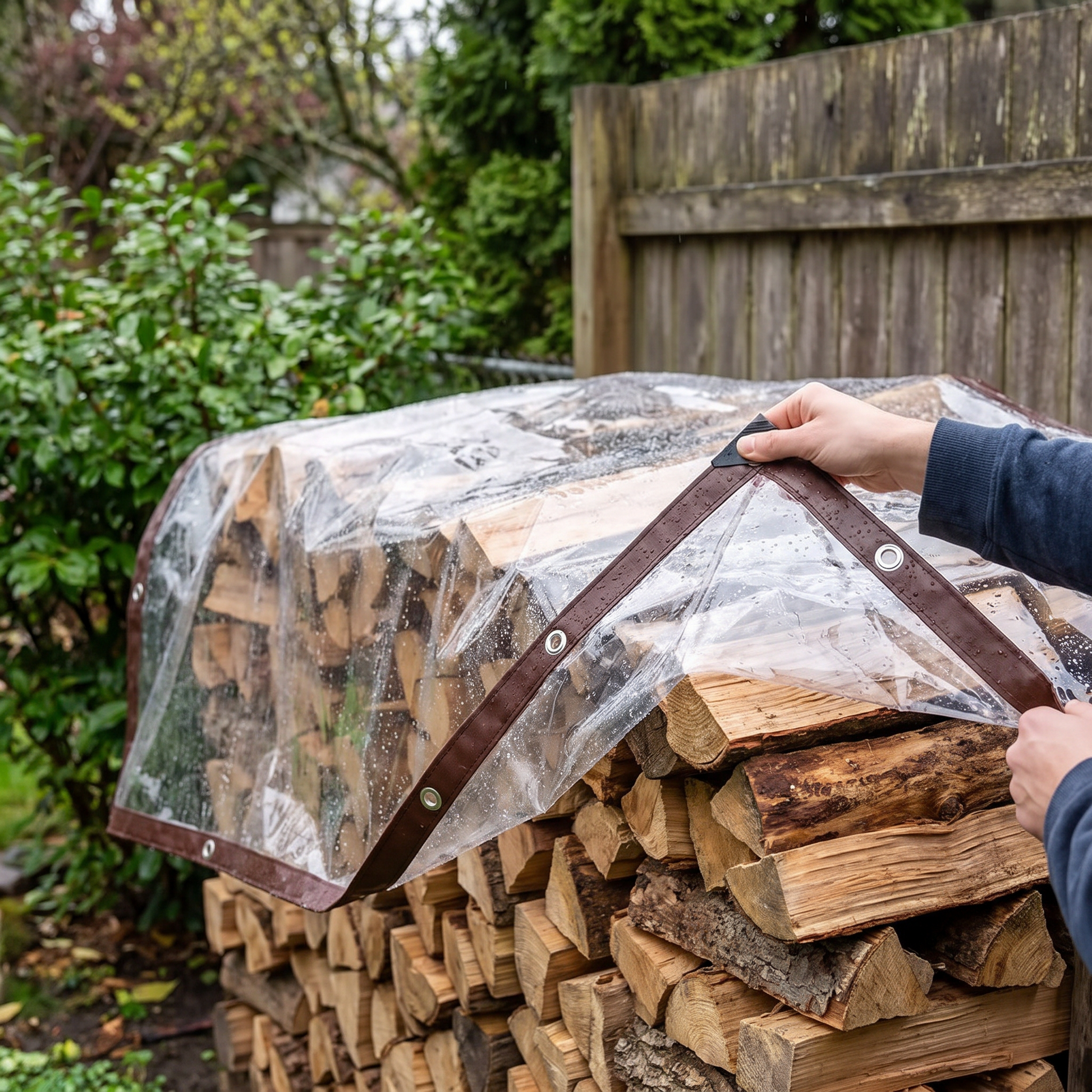 Person pulling the cover over firewood