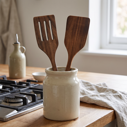 Spatulas in a utensil crock on the counter