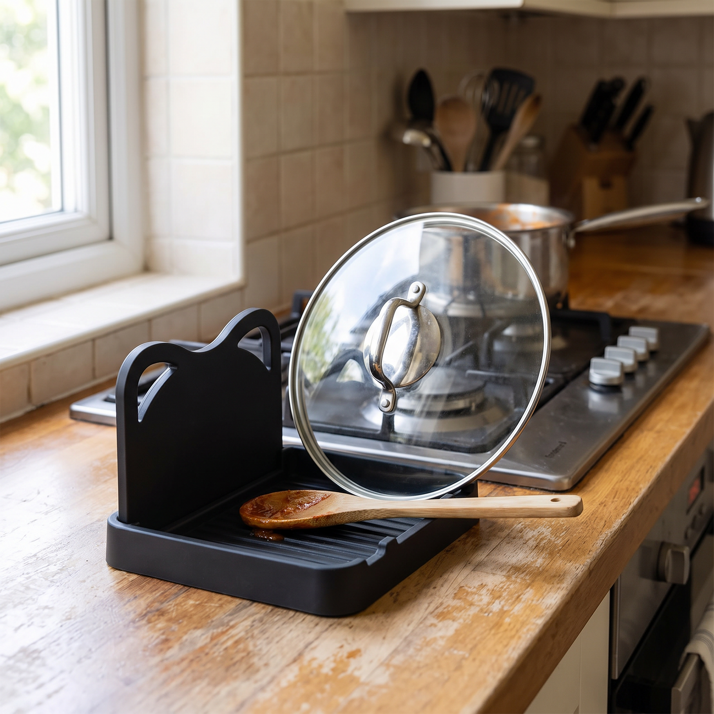 Spoon and pot lid rack on a kitchen counter