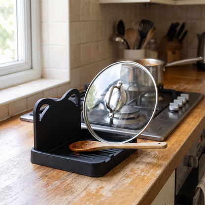 Spoon and pot lid rack on a kitchen counter