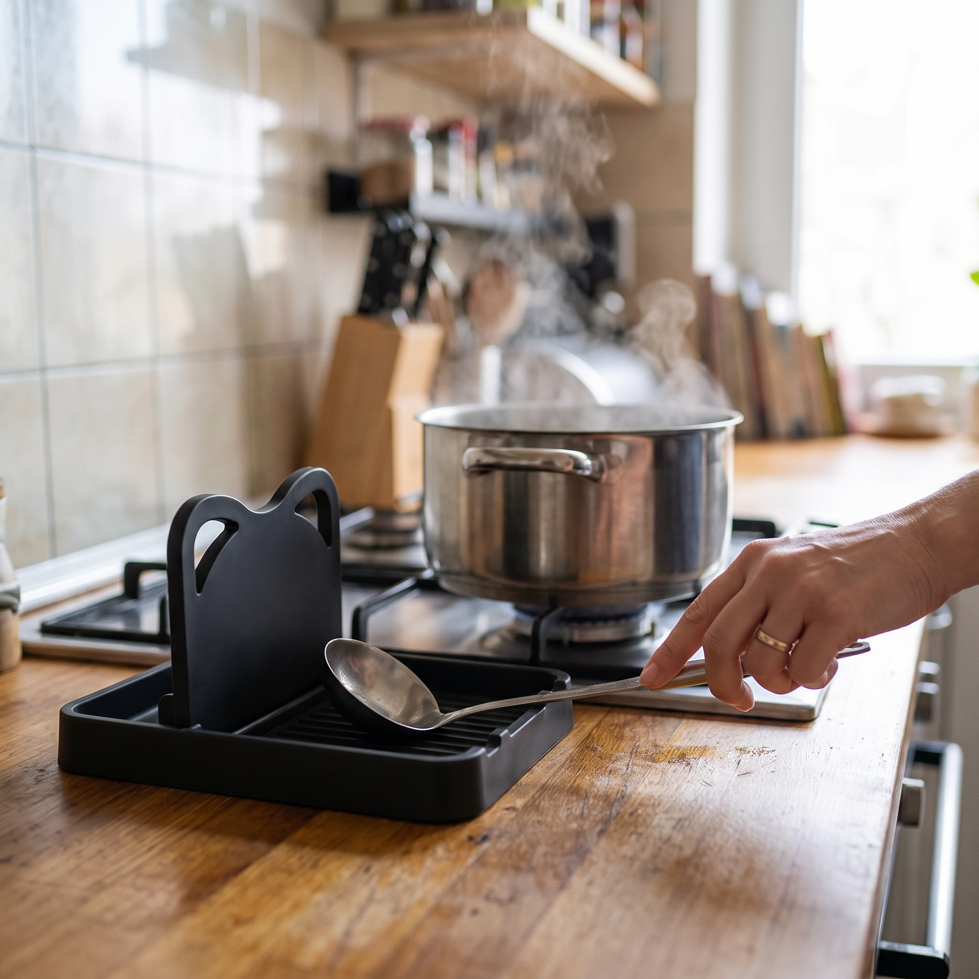 Ladle resting on the rack beside a simmering pot