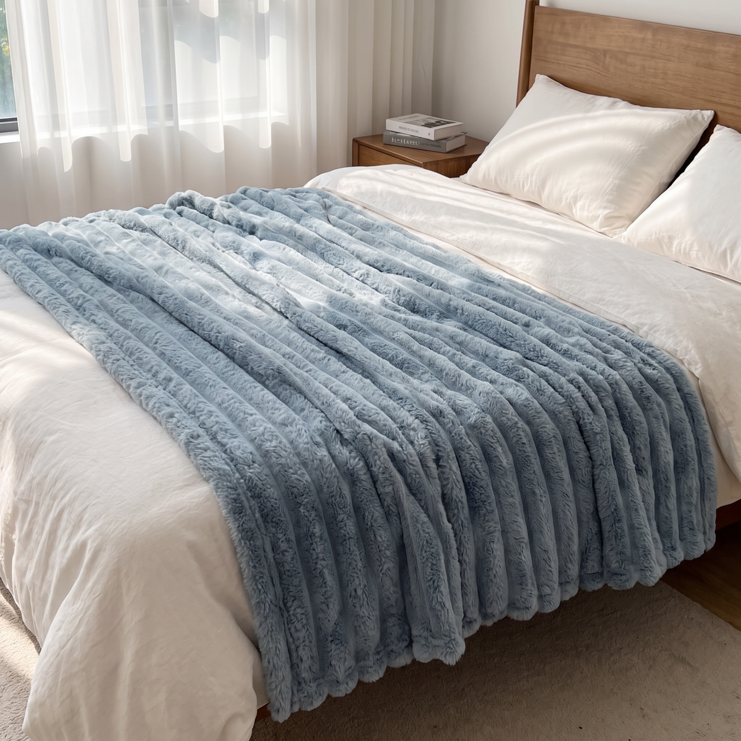 Striped throw blanket on a made bed