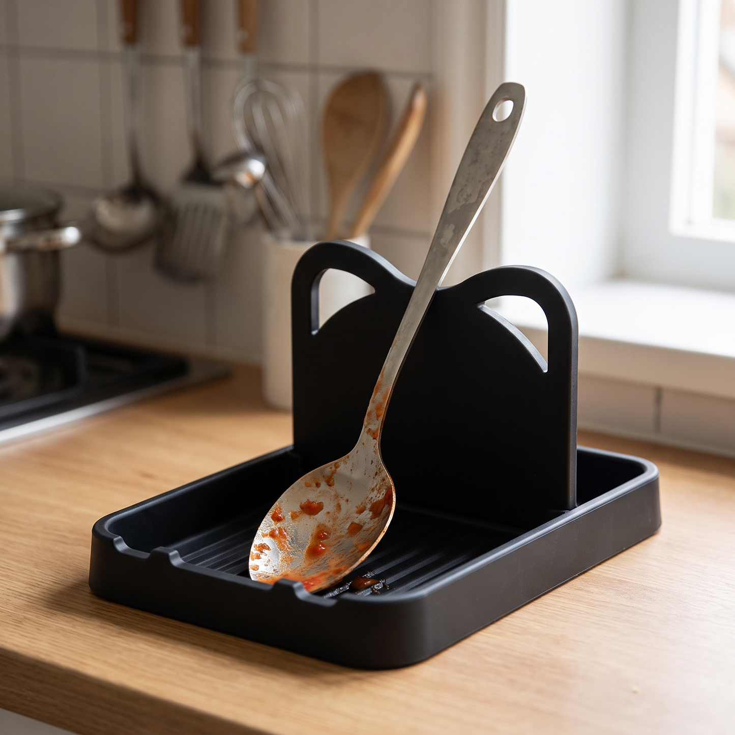 Close-up of the silicone rack with a spoon