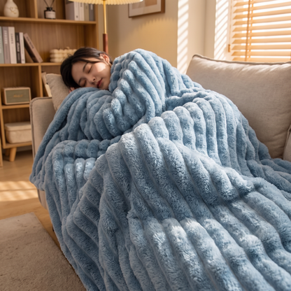 Person wrapped in the throw blanket on a sofa