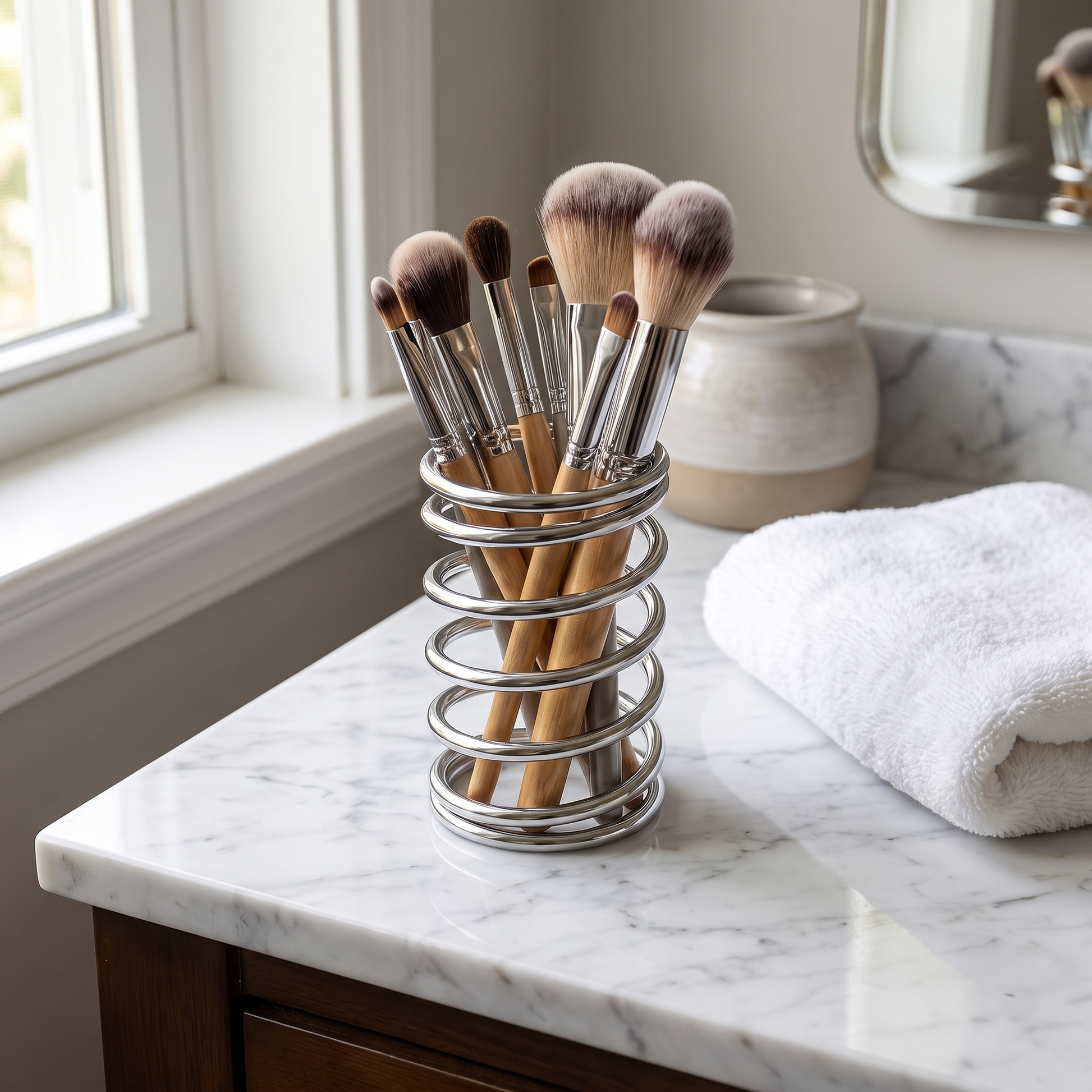 Holder with makeup brushes on a marble vanity